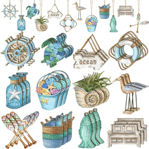 1 Maitys 36 Pcs Beach Christmas Wooden Ornaments Ocean Xmas Tree Decorations Coastal Nautical Seaside Wood Cutouts Navigation Hanging Ornaments Xmas Decorations for Home Tree Small Crafts(Coastal)