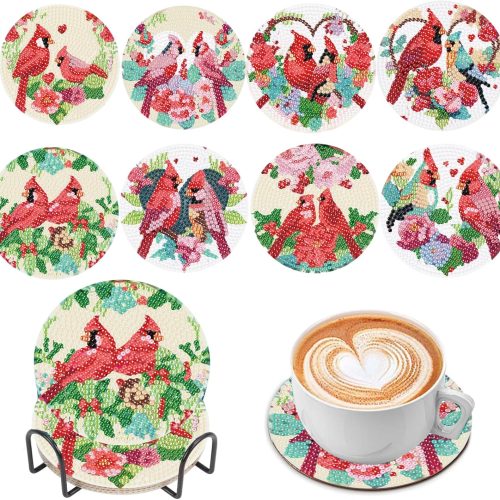 1 8 PCS Diamond Painting Coaster Kits, DIY Diamond Art Bird Coasters With Holder, Crafts for Adult, Beginner Diamond Art Supplies (Valentine's Day)