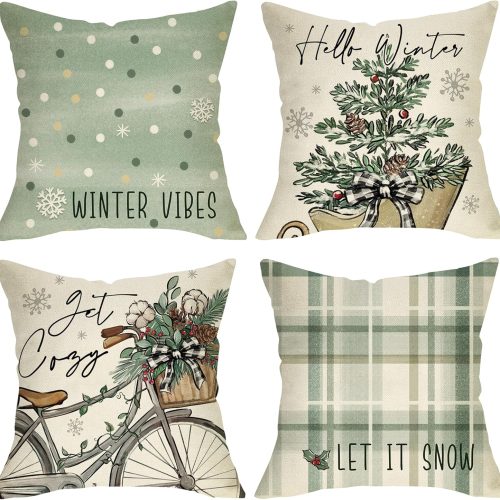 1 Hello Winter Vibes Green Decorative Throw Pillow Covers 18x18 Set of 4, Get Cozy Bicycle Christmas Tree Snowflakes Outdoor Home Decor, Polka Dot Plaid Xmas Holiday Farmhouse Couch Cushion Case