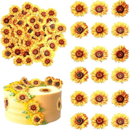 1 60 PCS Edible Sunflower Cupcake Toppers Edible Flowers Cake Decorations Edible Paper Sunflower Party Decorations for Baby Shower Sunflower Birthday Party Cake Toppers Food Decorations Supplies