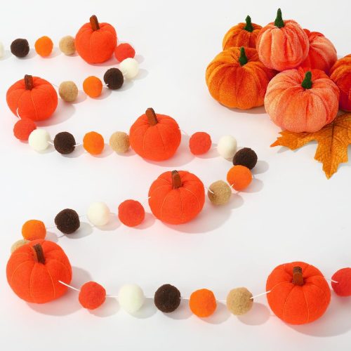 1 AnyDesign 8.2Ft Fall Thanksgiving Felt Garland Cute 3D Pumpkins Pre-Assembled Hanging Banner Orange White Brown Pom Ball Bunting Banner for Autumn Harvest Baby Shower Party Home Decoration