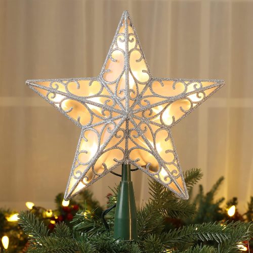 1 Brizled 9.5” Christmas Star Tree Topper, Glittered Silver Treetop, 3D Christmas Tree Topper with 10 Lights, UL Certified Lighted Xmas Star Topper for Xmas Holiday Home Decorations