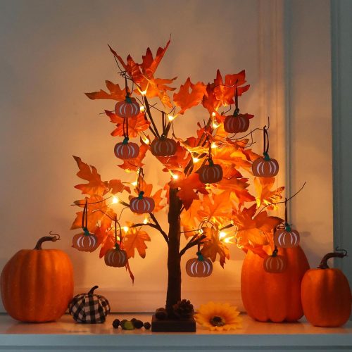 Fall Decorations for Home, Thanksgiving Decorations, 24”2FT Lighted Maple Leaves Tree with 24 LEDs & 12 Wood Pumpkin Ornaments, Battery Powered Timer Artificial Trees for Autumn Table Decor