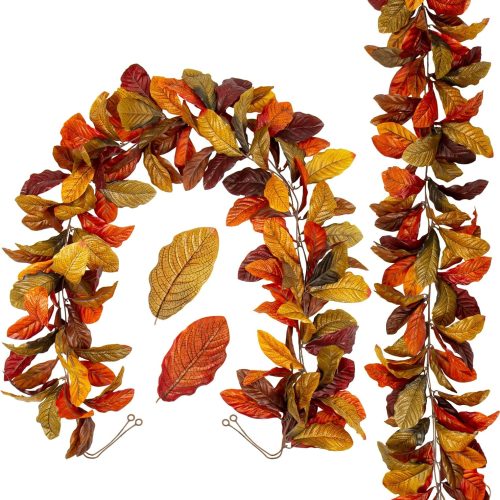1 2 Pack Fall Magnolia Leaves Garland, 5.5Ft/Piece Artificial Autumn Leaves Vines Fake Hanging Foliage Garland for Home Indoor Outdoor Wedding Thanksgiving Holloween Fireplace Party Decor, Briful