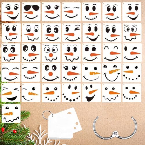 1 Christmas Snowman Face Stencils for Crafts Reusable Drawing, Small Ornament Stencils for Painting on Wood Balls Wall Home Decorations (3 * 36PCS)