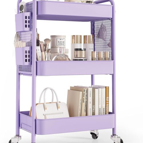1 TOOLF 3 Tier Rolling Cart Storage Organizer, Metal Rolling Utility Cart with Wheels, Hooks & Bins Esthetician Craft Art Sturdy Storage with Pegboard for Bathroom, Kitchen, Office, Nursery Diaper