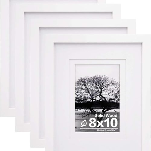 1 Egofine 8x10 Picture Frames Set of 4, Made of Solid Wood Covered by Plexiglass 4x6 and 5x7 with Mat or 8x10 without Mat, for Table Top Display and Wall Mounting Photo Frame White