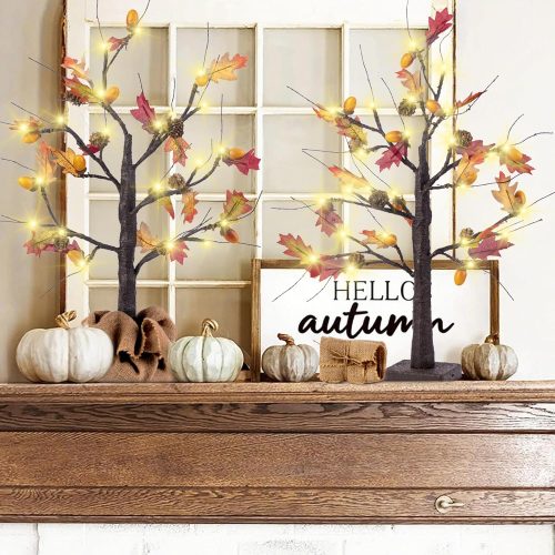 1 2 Pack Lighted Fall Trees 24in - Battery Operated Autumn Centerpiece with Acorns & Pinecones for Thanksgiving Halloween Decor