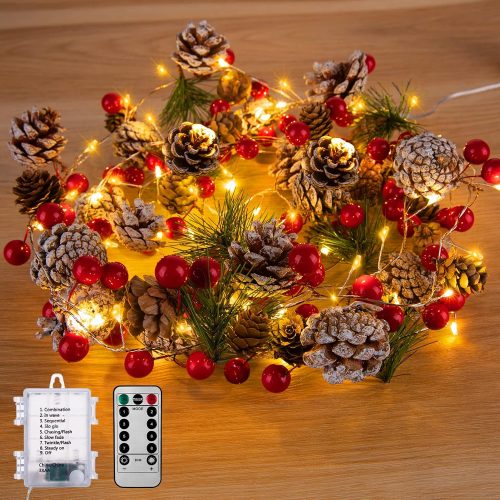 1 Christmas Pine Lighted Garland Decor, 9.8 Ft 60 LEDs Red Berry Pine Cone Battery Operated Christmas Garland Lights with 8 Modes, Remote Control for Mantle Fireplace Stairs Xmas Tree Indoor Decor