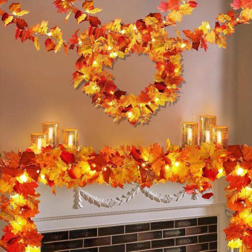 1 2 Pack Fall Decor Maple Leaves Garland with Lights Battery Operated Fall Thanksgiving Decorations Garland for Home Porch Front Door Table Mantle Outdoor Autumn Harvest Halloween Decor, 11.8Ft 40LED