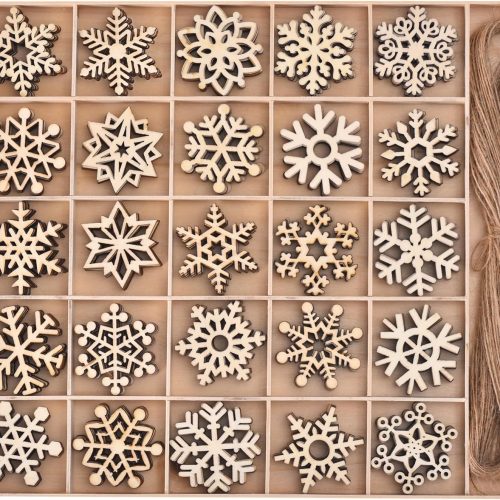1 100 PCS Snowflake Ornaments for Christmas Decoration, Wooden Cutouts Ornament for Hanging Embellishments and Craft DIY, Rustic Farmhouse Holiday Decor with Strings (100)