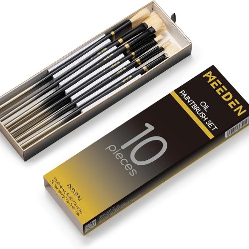 1 Oil Paint Brush Set: 10 Pcs Hog Bristle Paint Brushes with Wood Long Handle - Artist Paint Brush Set for Adults Beginners - Perfect for Oil Acrylic Canvas Painting
