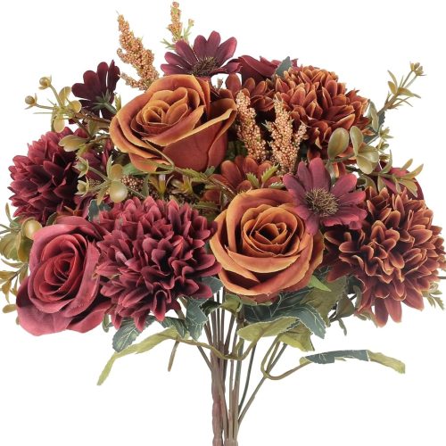1 GTIDEA 2 Bundles Artificial Fall Flowers 2 Colors Fake Roses Silk Bouquets with Hydrangea Autumn Faux Flowers Arrangements for Home Fall Wedding Table Centerpieces Party Decor (Orange+Red)