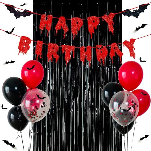 1 Red Glittery Happy Birthday Halloween Banner Black Foil Curtains Backdrop 3D Bat Sticker and Latex Balloons Confetti Balloon for Birthday Party Decorations Scary Party Supplies