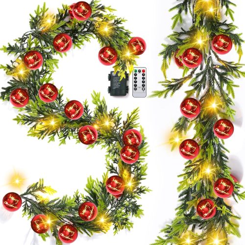 1 Ganeen 2 Pcs Prelit Christmas Garland with Lights, 12ft 20 Christmas Balls LED Lighted Garland Battery Operated with 8 Modes Timer Remote for Mantle Fireplace Christmas Stair Decoration(Red)