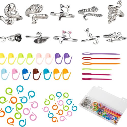 1 10Pcs Crochet Ring for Women with 45 Crochet Stitch Markers and 6 pcs Sewing Needles,Adjustable Open Crochet Tension Ring for Finger Crocheters Knitters,Stitch Markers for Crocheting
