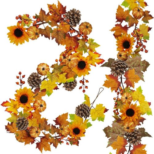 1 2 Pack Fall Maple Leaf Garland - 6ft/Piece Artificial Berries Sunflower Pumpkin Autumn Garland Decoration for Wedding Party Thanksgiving Dinner Fireplace Door Frame Doorway Backdrop Decor