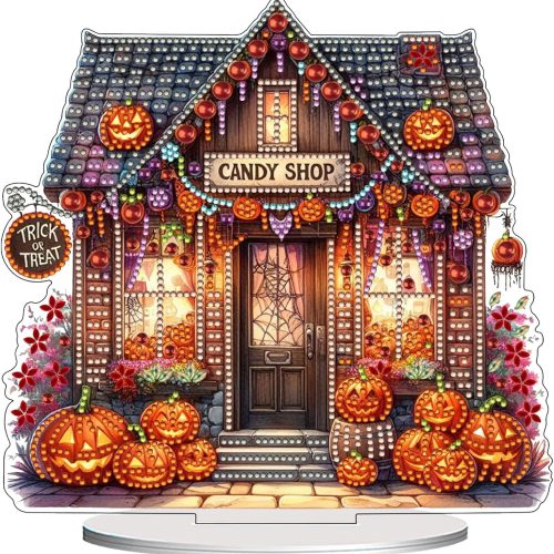 1 VODAPYC Halloween Diamond Art Tabletop Painting Kit, DIY Stand Up Double Sided Special Shaped Diamond Painting Desktop Ornament(Candy Shop-2)