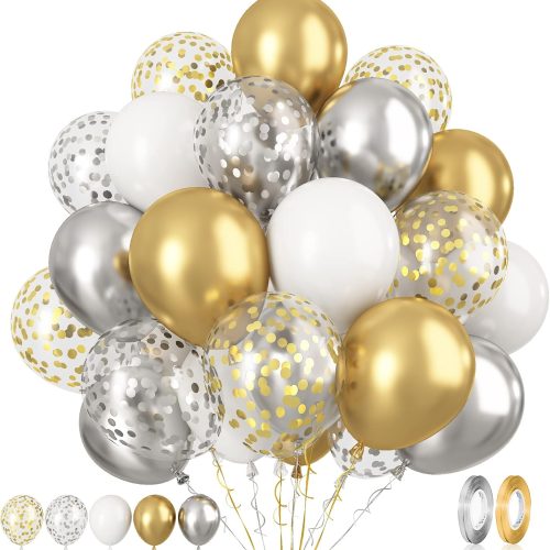 1 Paready Gold and Silver Latex Balloons, 60 Pcs 12 Inch Metallic Gold Silver and White Confetti Balloons for Birthday Baby Shower Engagement Anniversary Wedding Bridal Shower Graduation Decoration