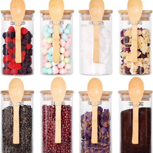 Glass Jar with Bamboo Lid and Spoon, 8Pack 10 OZ Tea Containers for Loose Leaf Tea, Salt and Sugar Containers for Countertop, Yogurt Jars for Overnight Oatmeal