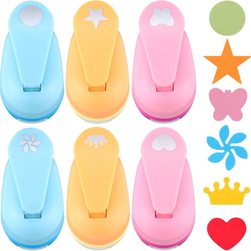 Zonon 6 Pcs Hole Paper Puncher for Crafting Handmade Scrapbook Punches Tools for Kids with Craft Sticker Paper, Circle, Star, Heart, Crown, Flower and Butterfly Shapes
