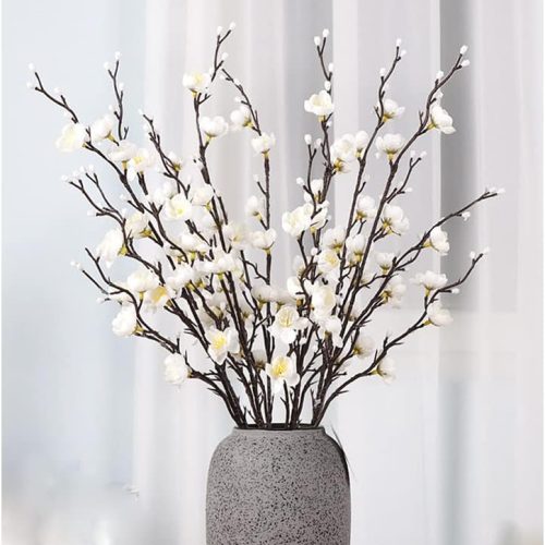 6 Pcs Artificial Plum Blossom Fake Wintersweet Long Stem Plastic Flowers Home Hotel Office Wedding Party Garden Decor 21.5'' High White