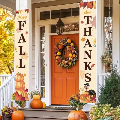 GIVE THANKS Door Decorations, 72 Inches Thanksgiving Porch Sign, Fall Hanging Welcome Banner, Autumn Pumpkin Maple Leaf Turkey Backdrop Flag for Party Home Yard Indoor Outdoor Wall Decor