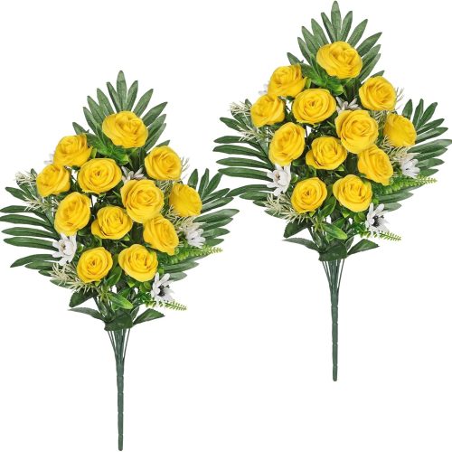 1 Artificial Cemetery Flowers for Grave, Set of 2 Silk Yellow Faux Rose Bouquet Flower Outdoor Graveyard Memorial Flowers for Cemetery Headstones Decoration