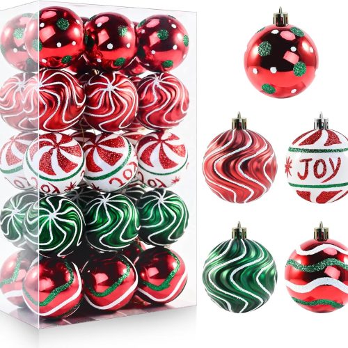 30PCS Christmas Ball Ornaments, 2.36" Red Green White Christmas Balls, Shatterproof Xmas Balls Decoration for Christma Tree, Painting & Glittering Hanging Ball for Party Event
