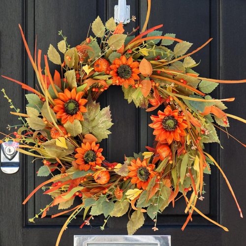 Fall Wreaths for Front Door, Soomeir 22 Inch Pumpkin Autumn Thanksgiving Wreath with Berries, Sunflower Wreath for Outdoor Outside Indoor Halloween Decorations