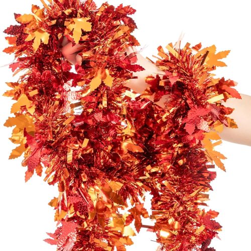 33Ft Thanksgiving Tinsel Garland, Maple Leaf Metallic Twist Foil Tinsel Garland Shiny Hanging Garland for Autumn Thanksgiving Halloween Party Indoor Outdoor Decoration