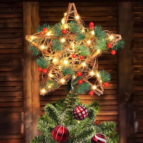 Upgraded Star Christmas Tree Topper for Christmas Decorations, Natural Star with Rustic Christmas Ornaments, for Indoor Office Farmhouse Xmas New Year Holiday Tree Decorations (Warm White)