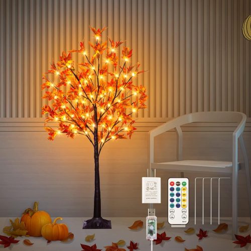 FastDeng 4Ft Lighted Maple Tree Thanksgiving Fall Decor, 60 LED Warm White Dimmable Timing Prelit Artificial Tree with 8 Flashing Modes for Indoor Outdoor Autumn Harvest Thanksgiving Halloween Decor