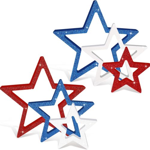 Blulu 6 Pieces Labor Day Decorations Wooden Star Signs Patriotic Decoration Christmas Table Decor for Home Tiered Tray Shelf Party Decor (White,Blue and Red with Glitter)