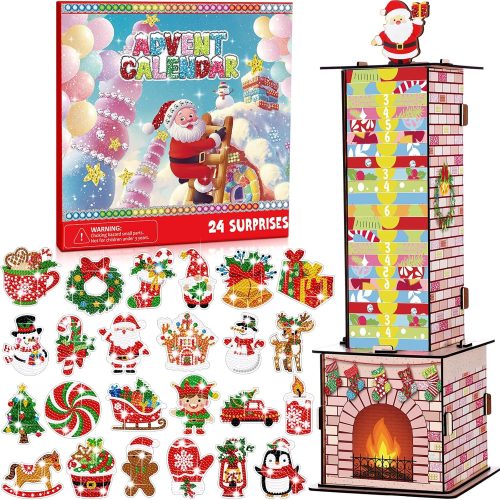 Advent Calendar 2025 Santa Down the Chimney Christmas Diamond Painting Kits 24 Days Christmas Countdown Calendar DIY Gem Keychains Christmas Gift for Stockings Hanging Ornaments Party Favors