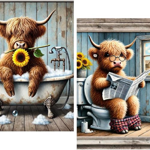 2 Pack Cow Diamond Art Kits for Adults, 5D DIY Diamond Art Painting on Canvas, Highland Cow Reading Newspaper and Sunflower Bathtub Diamond Art for Beginners, Farmhouse Bathroom Wall Décor 12x16inch