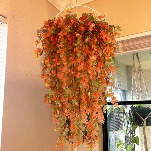 3pcs Artificial Hanging Fall Plants Fake Hanging Fall Garland Plant Faux Maple Leaf Garland Vine Outdoor UV Resistant Plastic Plants (3, Fall Orange)
