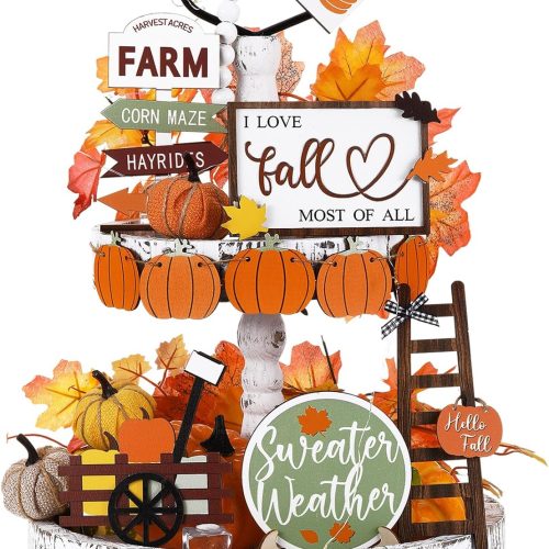 19 Pcs Fall Tiered Tray Decor Fall Home Decor Thanksgiving Day Wooden Tray Decorations Autumn Pumpkin Decorative Sign for Tabletop Kitchen Office Decorations
