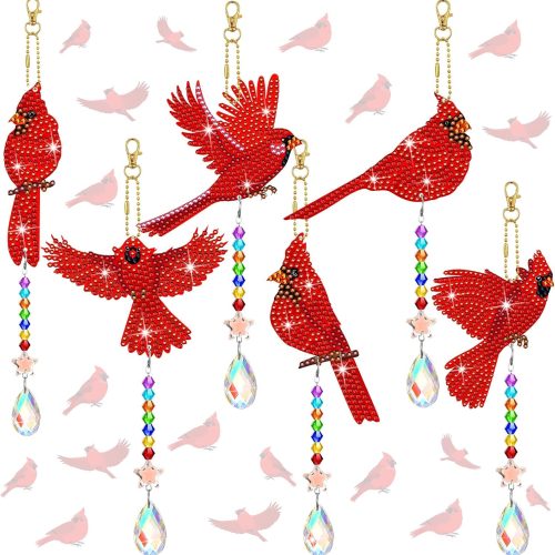 6 Pcs Diamond Art Kit for Adults Diamond Art Wind Chimes Suncatcher Double Sided Cardinal Ornaments Bird with Crystal Pendant 5D Art for Home Garden Hanging Orname