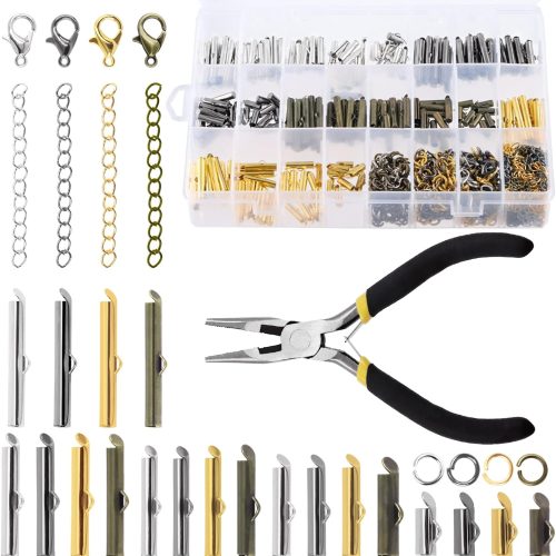 1 641Pcs 5 Sizes Slider On End Clasps Kit with Pliers/Lobster Claw Clasps/Twist Extender Chains/Open Jump Rings, Slide Tube End Bar for Jewelry Making (2/5" 3/5" 4/5" 1" 6/5")