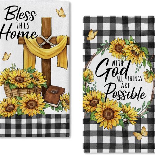 with God All Things are Possible Christian Kitchen Dish Towels Set of 2, Religious Cross Sunflower Spring Summer Hand Towels Drying Baking Cooking Cloth, Fall Plaid Farmhouse Home Decor 18x26