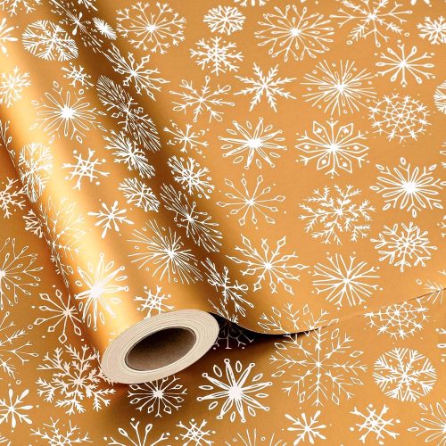 Winter Snowflake Christmas Wrapping Paper - 17 Inch X 33 Feet - Christmas Festive White Snowflake Print on Gold Mini Roll Reusable Holiday Gift Paper for Party Wedding Birthday Baby Shower