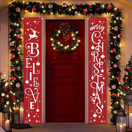 1 Merry Christmas Banner- Christmas Door Banner 71"x 12" Hanging Believe Merry Christmas Door Porch Sign Indoor Outside Yard Garden Party Decor