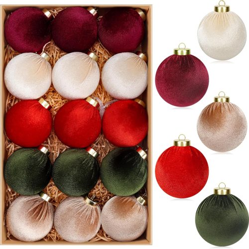 15 Pcs Velvet Christmas Ornaments Ball, 3.15" Christmas Tree Decorations Set, Shatterproof Hanging Xmas Ornaments Ball for Xmas Decor- Multicolor Red Green Brown Neutral