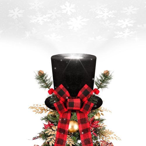 Christmas Tree Topper Hat Lighted with Snowflake Projector, Black Velvet Bowler Hat with Red Plaid Bow Pine Cones, Rustic Christmas Decorations for Home Tree Topper with Lights