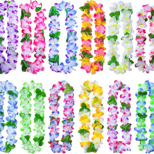 12 Bulk Hawaiian Leis for Adults – Vibrant Artificial Flower Leis for Luau Party, Beach Theme Decorations, Summer Pool Party Favors, Tropical Vacation & Hawaiian Birthday Decor