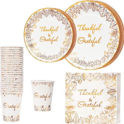 24 Guests 96 Pcs Thanksgiving Disposable Napkins Plates Cups Set for Autumn Thanksgiving Dinner Party Decorations, Thankful and Grateful in Orange Foil