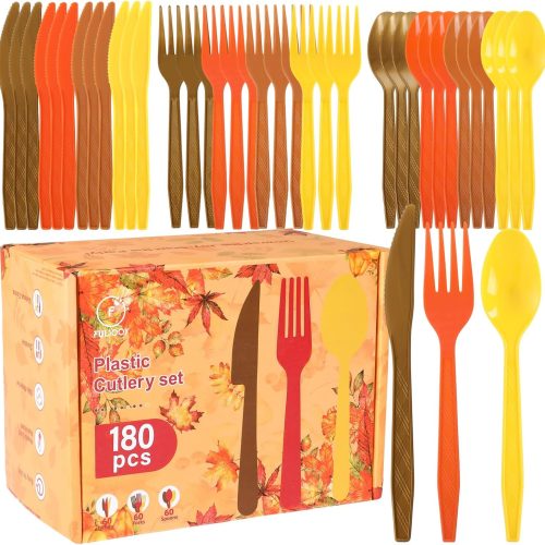 Plastic Silverware Heavy Duty Plastic Cutlery Set Heavyweight Disposable Flatware Includes Spoons Forks Knifes for Birthday Party Prom Night Wedding Dinner (180, Yellow Orange Brown)