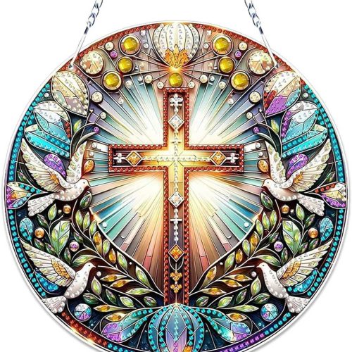 Christian Cross Dove Diamond Art Acrylic Hanging Kit for Adults, Religious DIY Special Shaped Diamond Painting Window Pendant Ornament(Peace Dove and Cross)