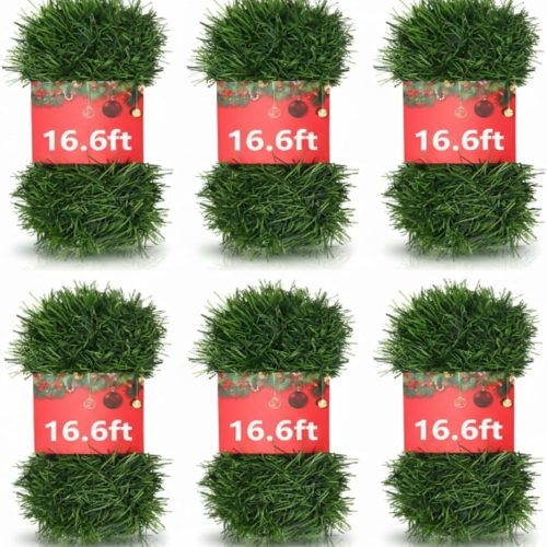 6 Pcs Green Christmas Garland Decorations Artificial Greenery 16.6 ft 3.5" Wide Pine Garland PVC Soft Christmas Decorations for Indoor Outdoor Tree Stair Banister Fireplaces